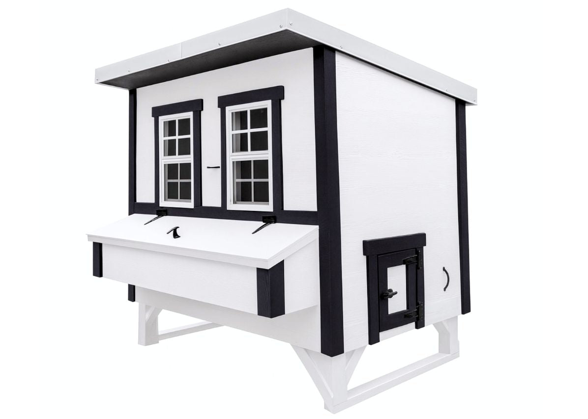 White farmhouse-style large chicken coop, side view with external nesting box