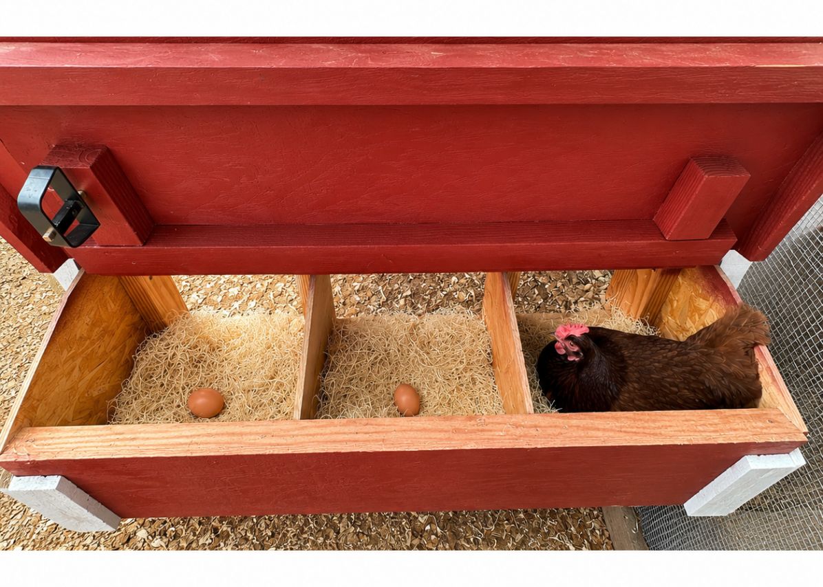 Hen sitting in the open nesting box of the medium chicken coop