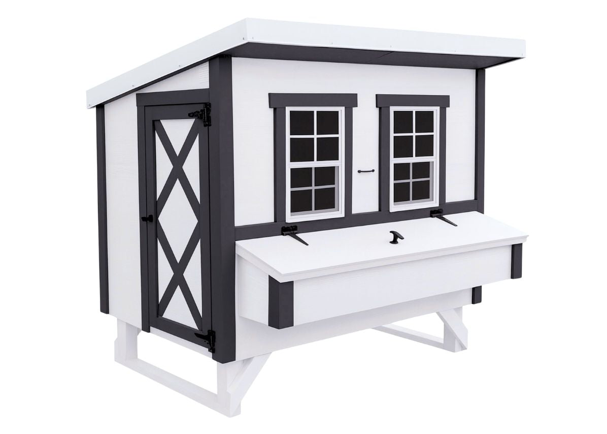 White farmhouse-style large chicken coop, angled view with nesting boxes