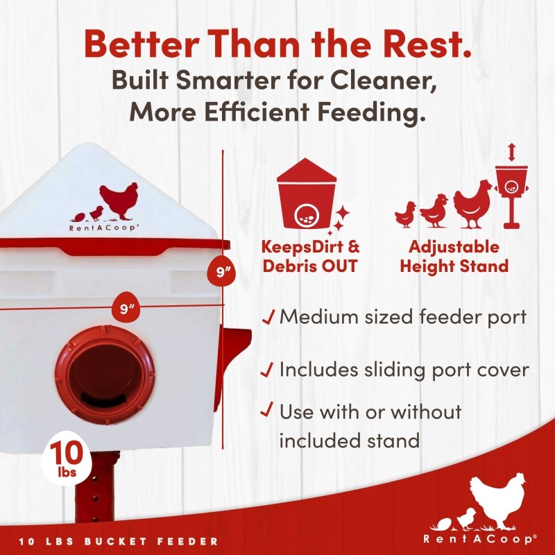 Chick2Chicken 10 lb feeder features: medium ports, sliding covers, adjustable stand