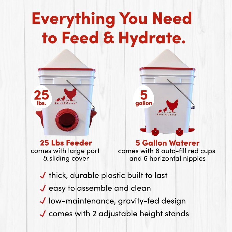 Feeder and waterer set: 25 lb feeder with large ports and 5 gallon waterer