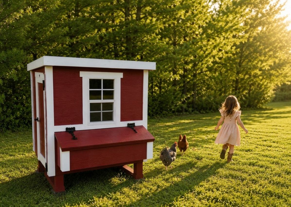 Red medium chicken coop with white trim, with a girl and chickens in the yard