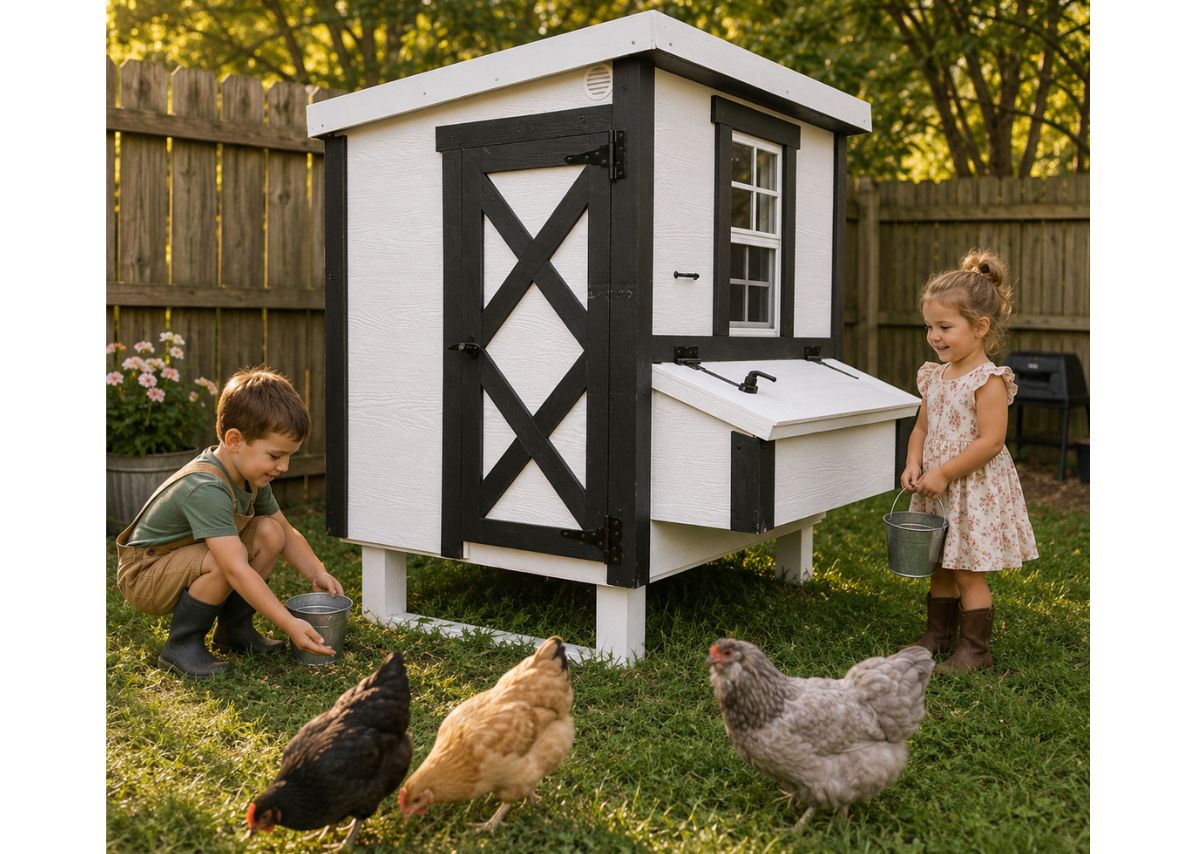 White farmhouse-style medium chicken coop, with children in the backyard