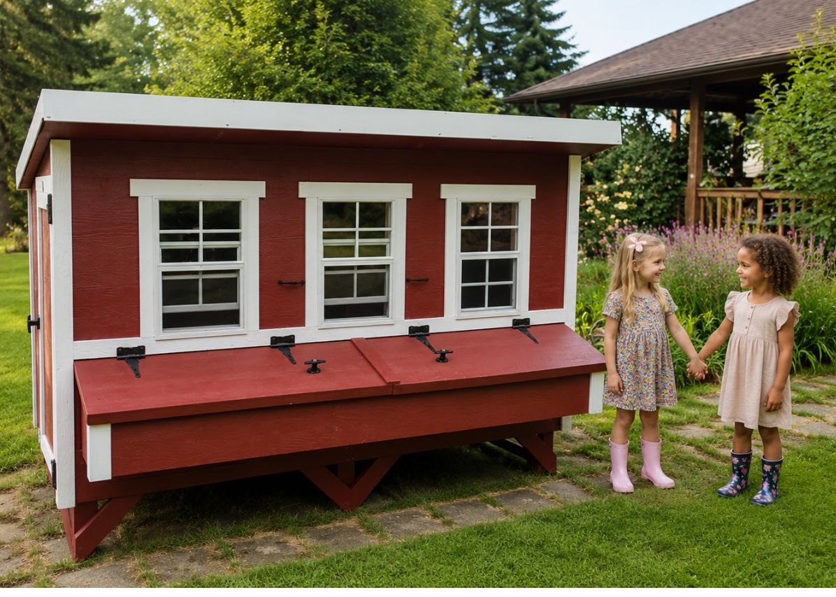 Red XL chicken coop with white trim, with children in the backyard