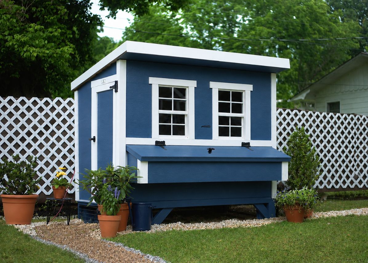 Blue large chicken coop with white trim in a backyard garden