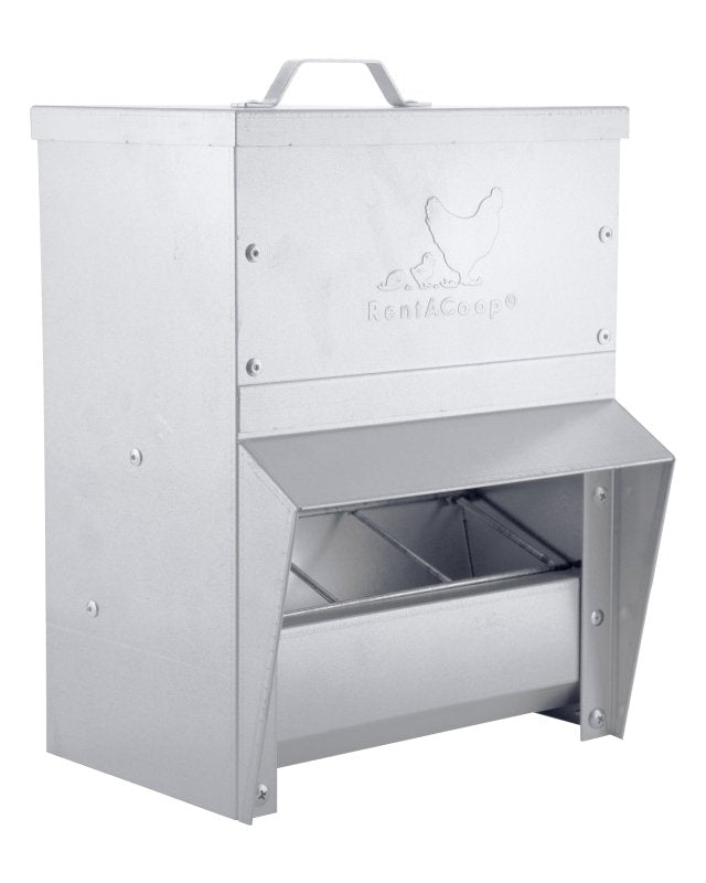 RentACoop galvanized Chicken Tough feeder with lid and feed tray