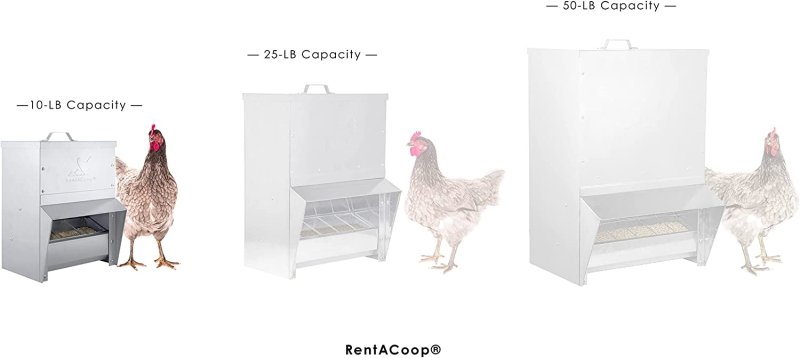 RentACoop Chicken Tough feeder size comparison, 10 lb and 25 lb