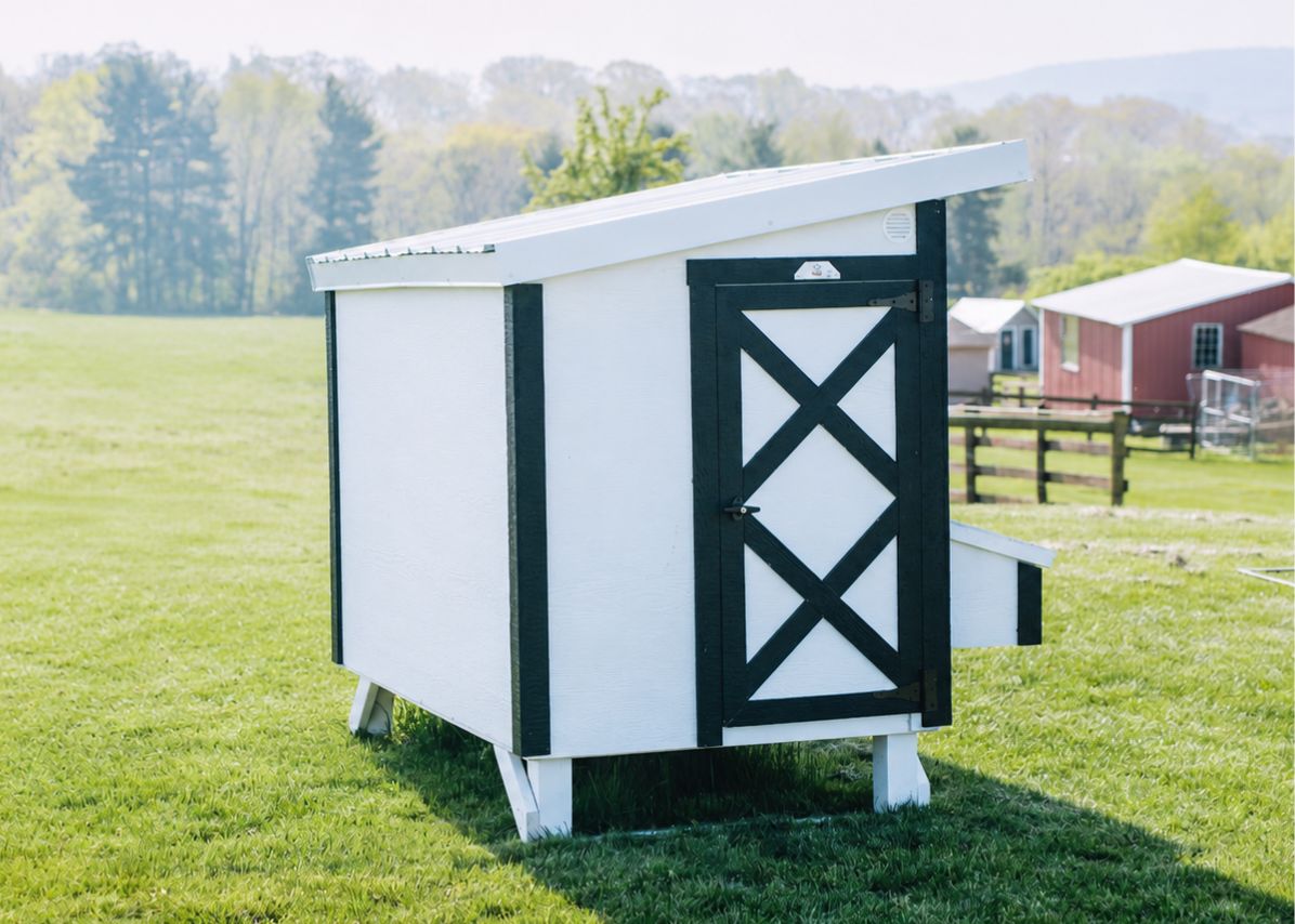 White farmhouse-style large chicken coop on a farm lawn