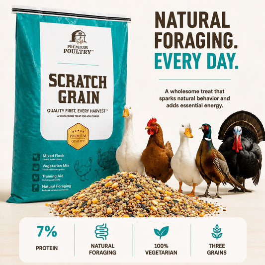 Scratch Grain encourages natural foraging: 7% protein, three grains