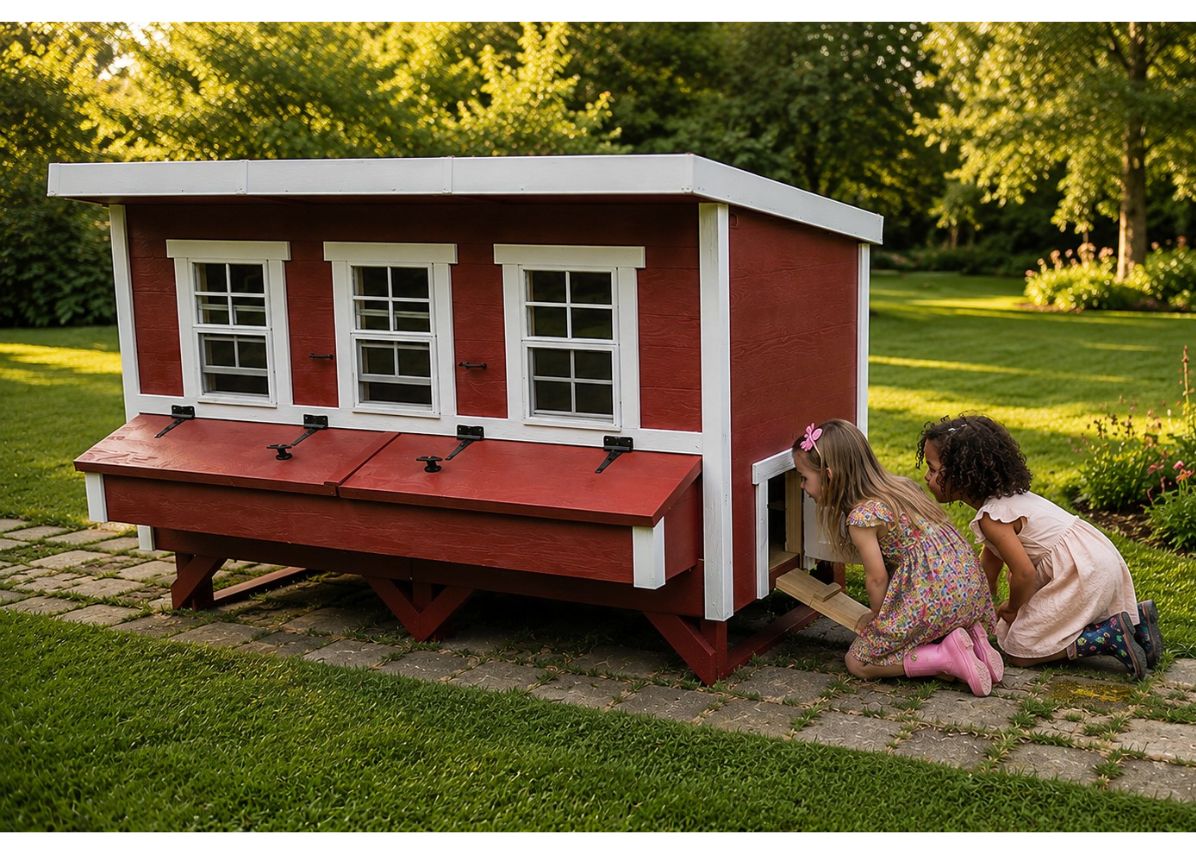 Red XL chicken coop with white trim, with children in the backyard