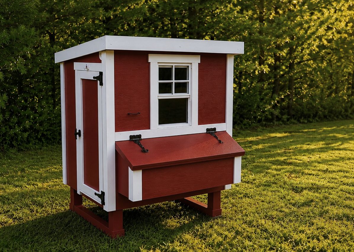 Red medium chicken coop with white trim, set up in a backyard