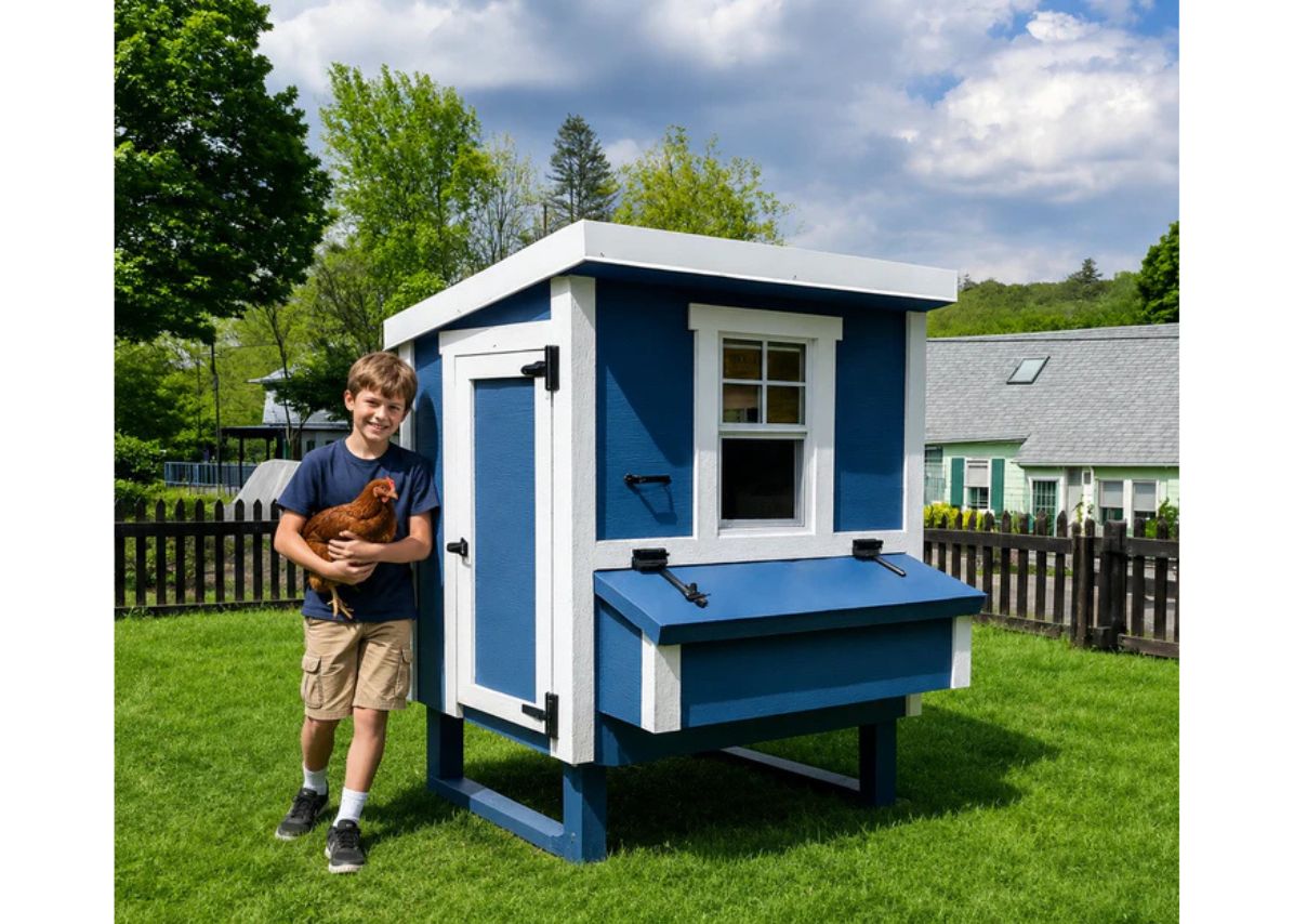 Blue medium chicken coop with white trim, with a boy and chickens in the yard