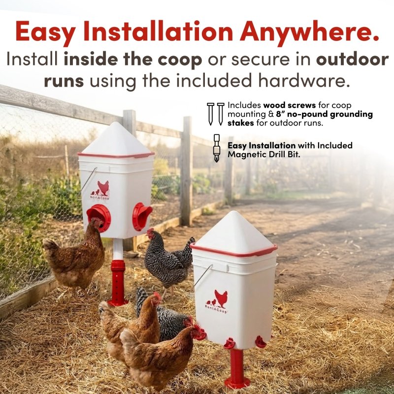 Feeder and waterer set installed outdoors with grounding stakes