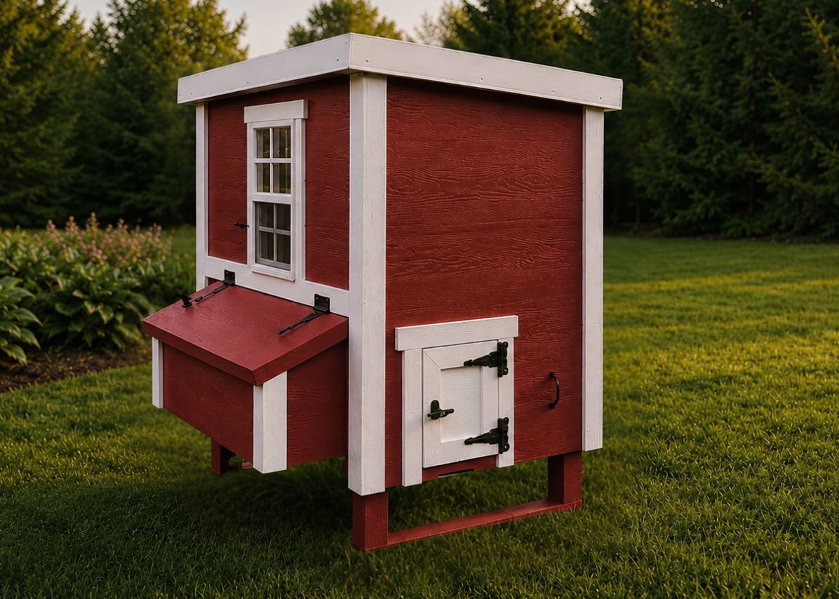 Red medium chicken coop with white trim, set up in a backyard