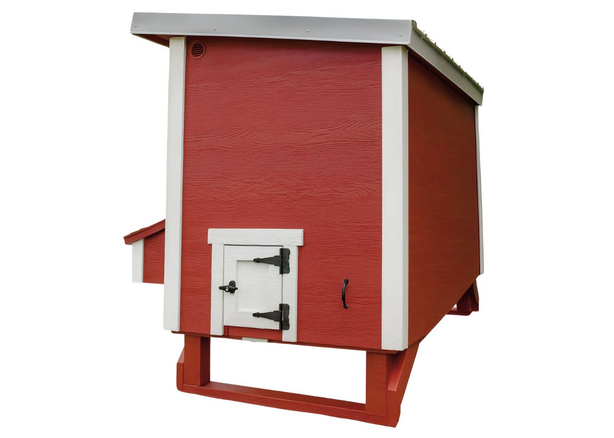 Red large chicken coop with white trim, back view with chicken pop door
