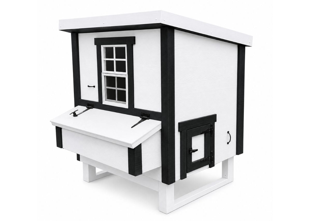 White farmhouse-style medium chicken coop, side view with external nesting box