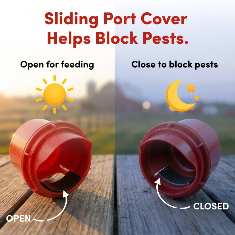 Sliding port cover open for feeding and closed to block pests