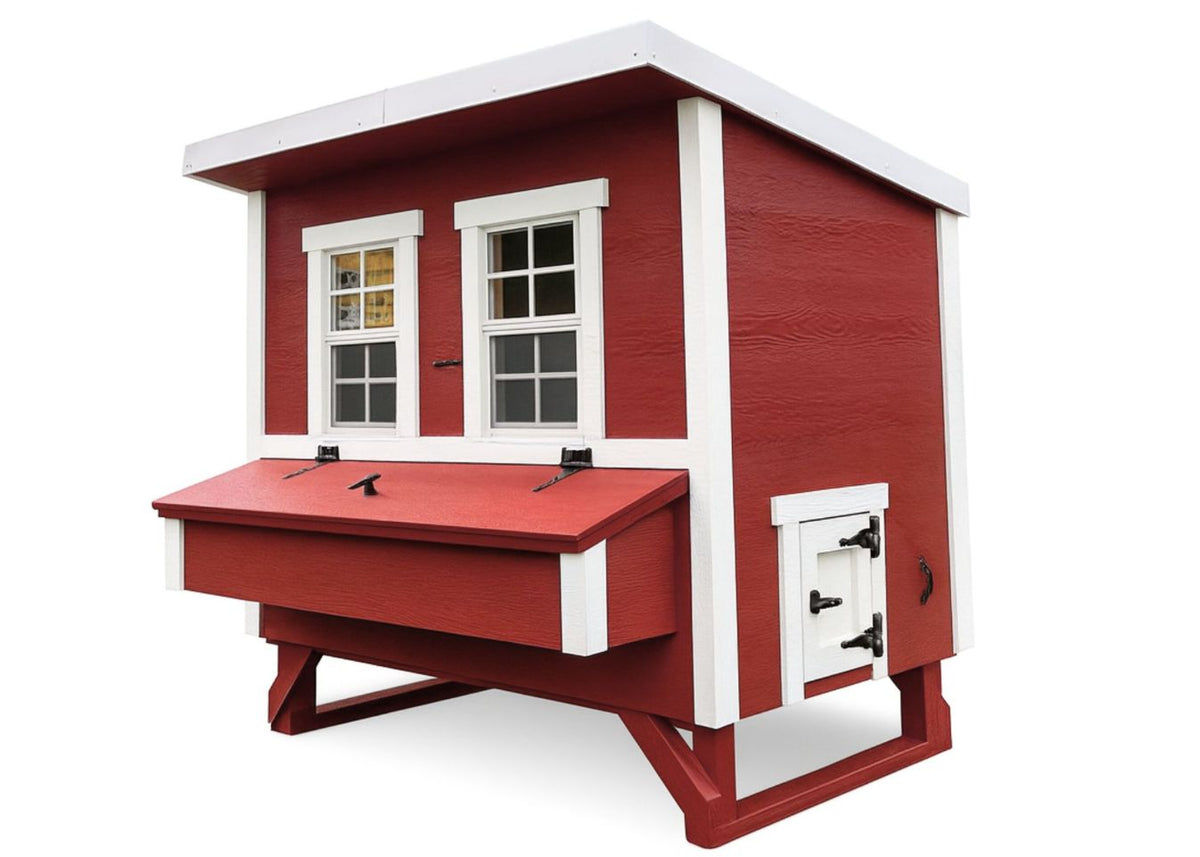Red large chicken coop with white trim, side view with external nesting box