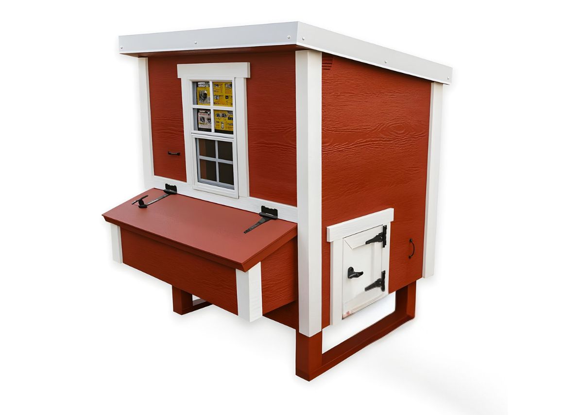 Red medium chicken coop with white trim, side view with external nesting box