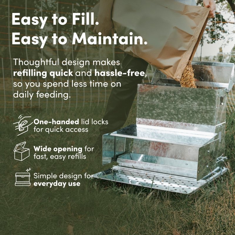 Treadle feeder one-handed lid locks and wide opening for easy filling