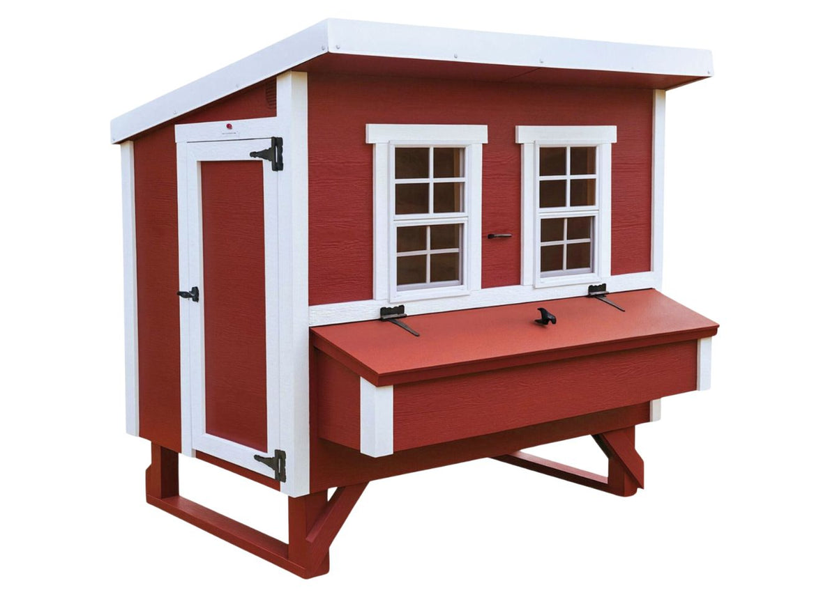 Red large chicken coop with white trim, with people door and nesting box