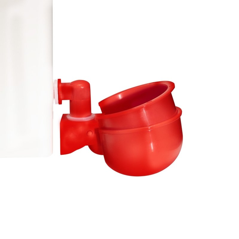 Close-up of the red auto-fill cup on the Twin Cup waterer