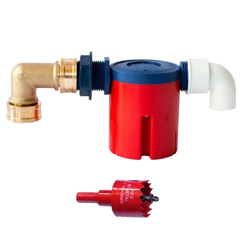 RentACoop float valve kit with brass fitting and hole saw bit