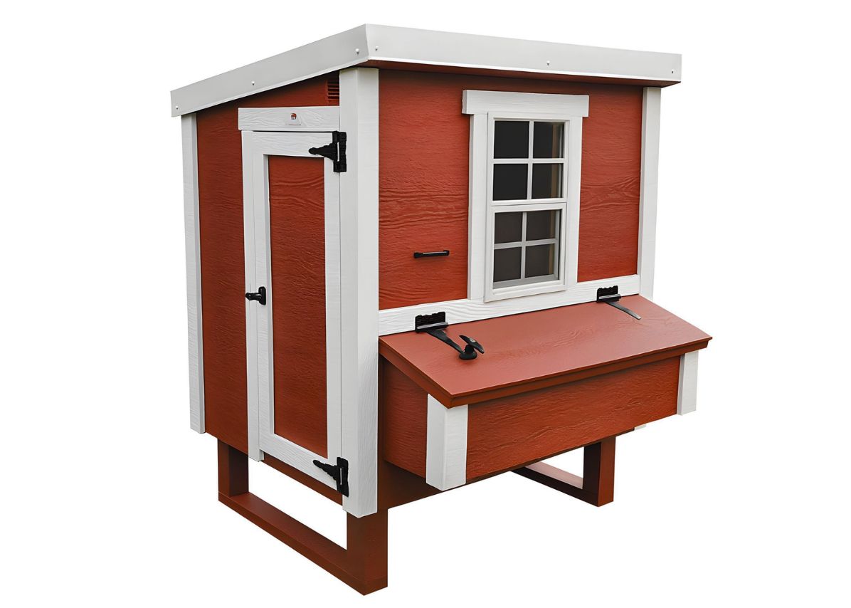 Red medium chicken coop with white trim, with people door and nesting box