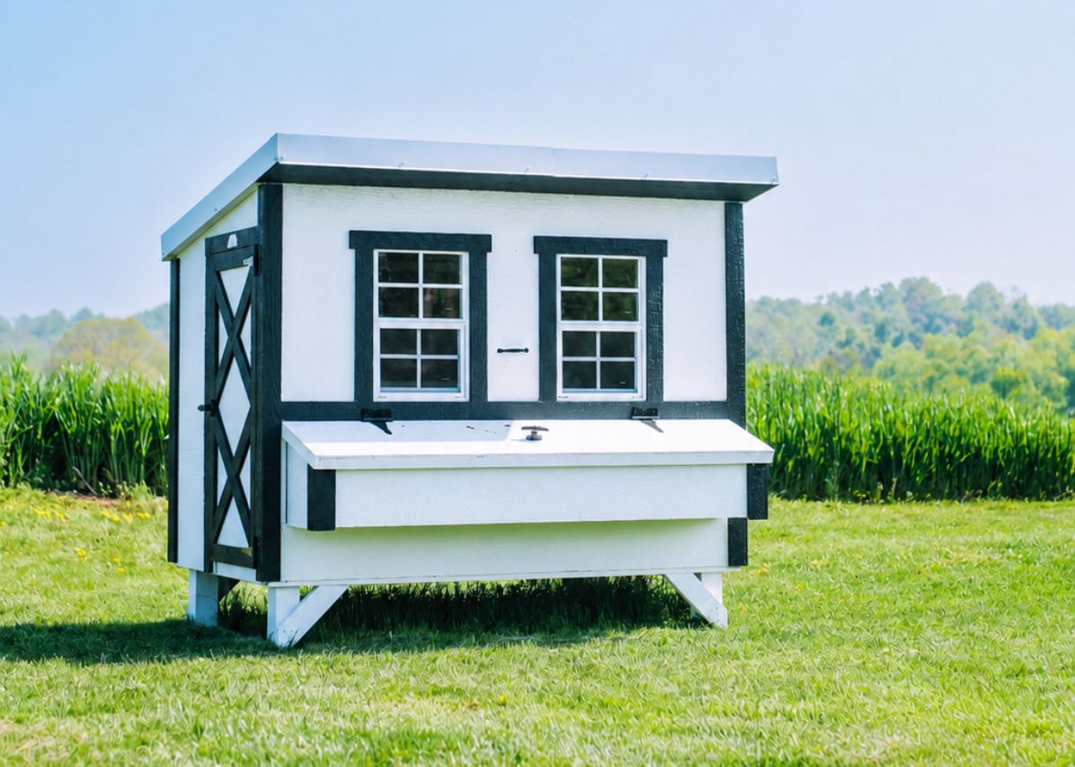 White farmhouse-style large chicken coop with green trim by a cornfield