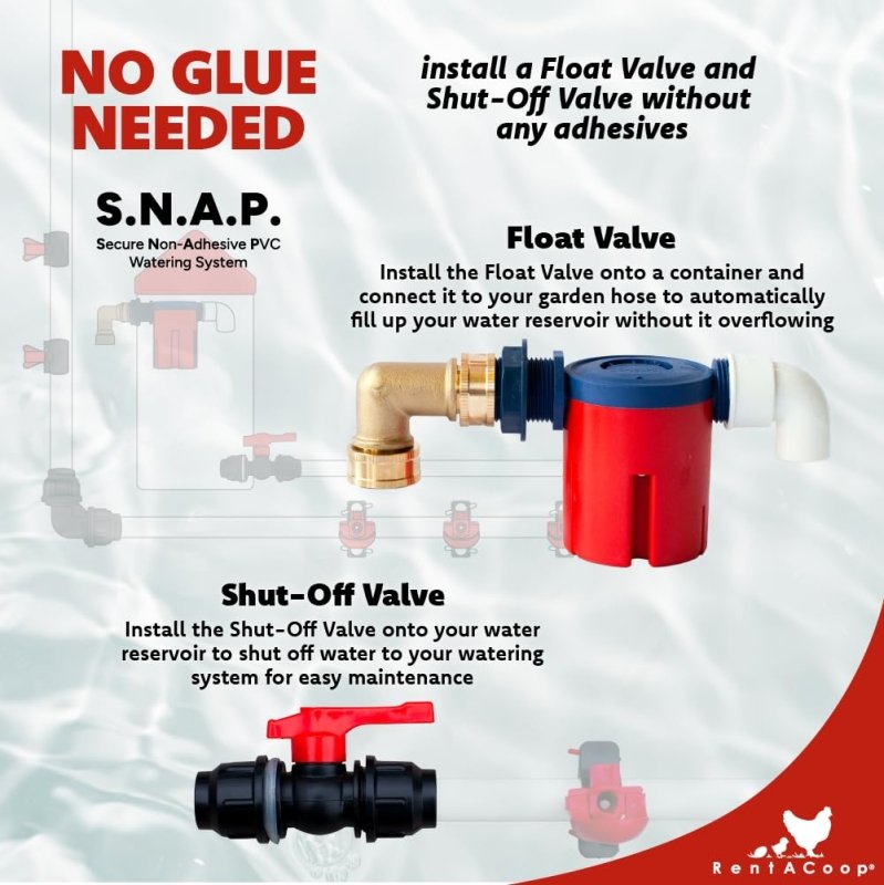 How to install the RentACoop float valve and shut-off valve without glue