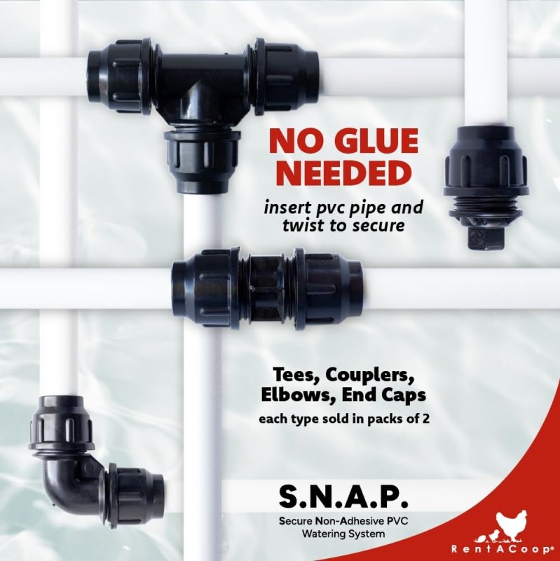 S.N.A.P. tees, couplers, elbows and end caps for PVC watering systems