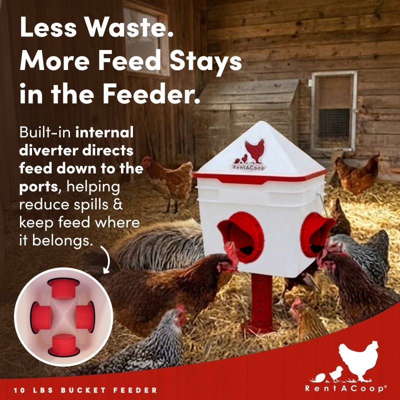 Internal diverter in the Chick2Chicken feeder sends feed to the ports