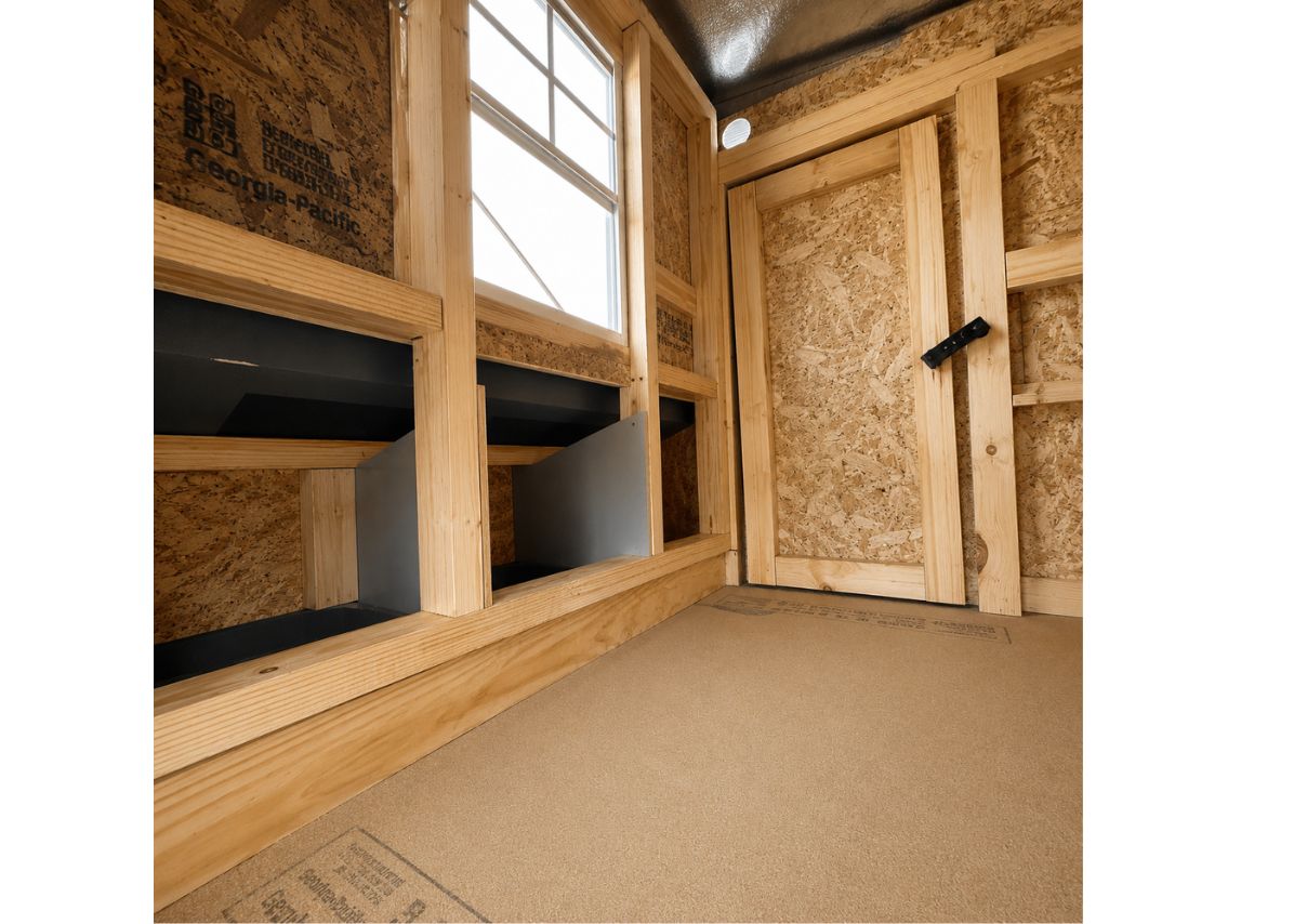 Inside the medium chicken coop with roost bars and windows