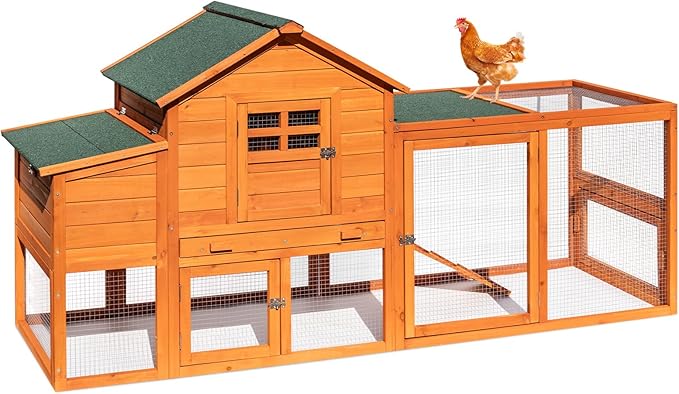 Orange wooden chicken coop for 4 to 6 chickens with run and nesting box