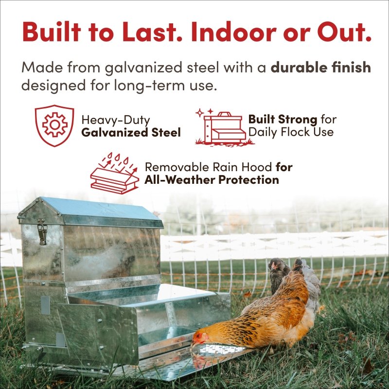 Heavy-duty galvanized treadle feeder with removable rain hood outdoors
