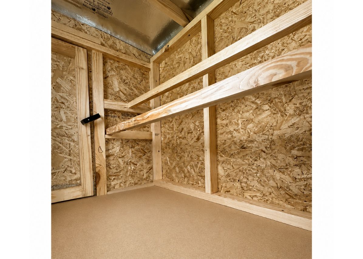 Inside the medium chicken coop with roost bars and windows