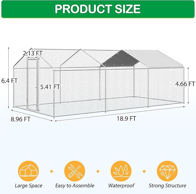 Walk-in chicken run dimensions, 8.96 by 18.9 feet