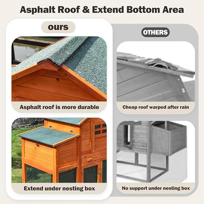 Asphalt shingle roof and extended nesting box on the wooden chicken coop
