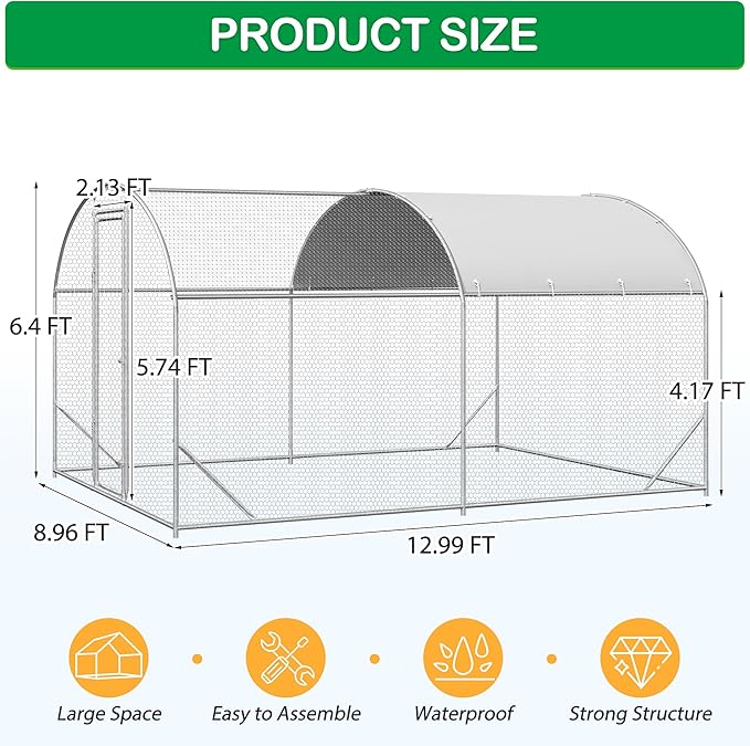 Dome-roof chicken run dimensions, 8.96 by 12.99 feet