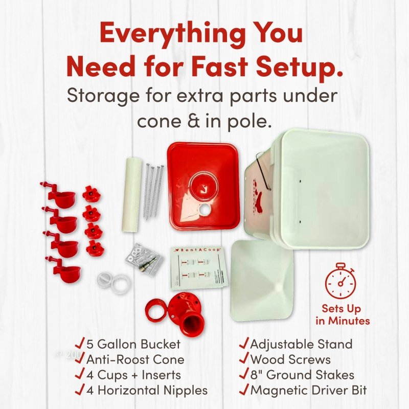 Parts included with the RentACoop 5 gallon corner waterer