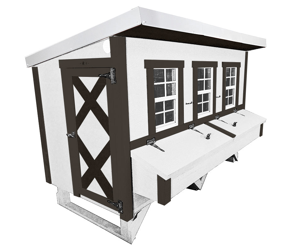 White farmhouse-style XL chicken coop, angled view with nesting boxes