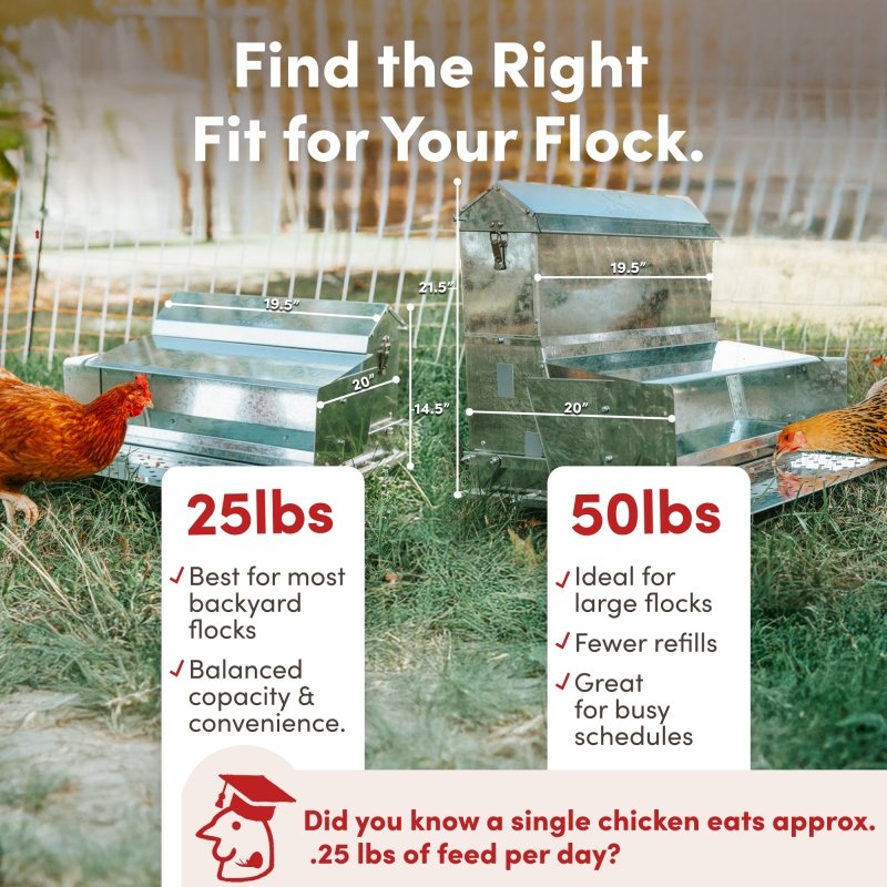 Treadle feeder sizes: 25 lb for small flocks, 50 lb for large flocks