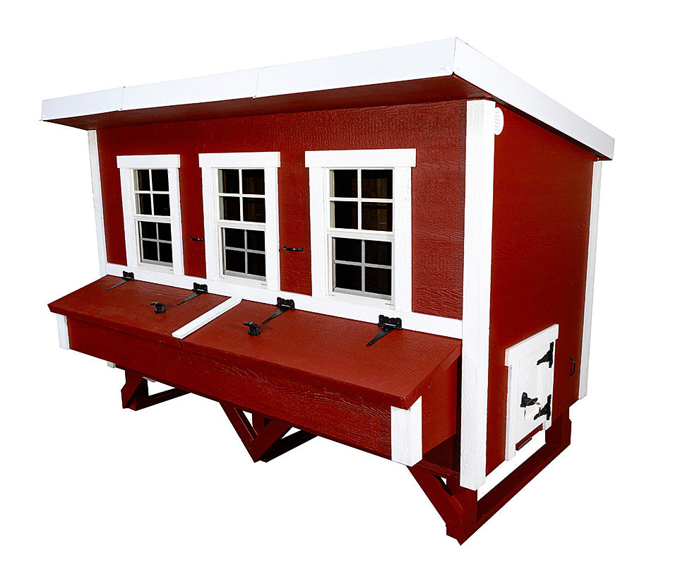 Red XL chicken coop side with windows and nesting boxes