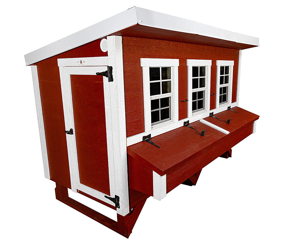 Red XL chicken coop front with door and nesting boxes