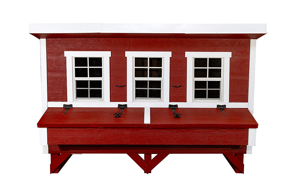 Front view of the red XL chicken coop nesting boxes