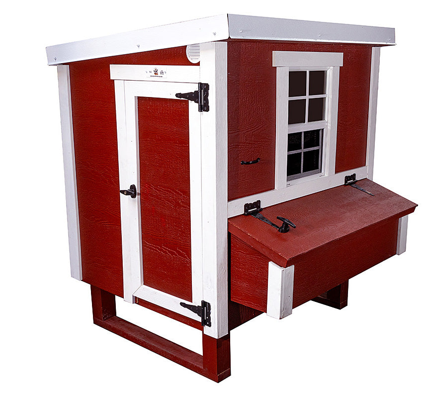 Red medium chicken coop with white trim, with people door and nesting box