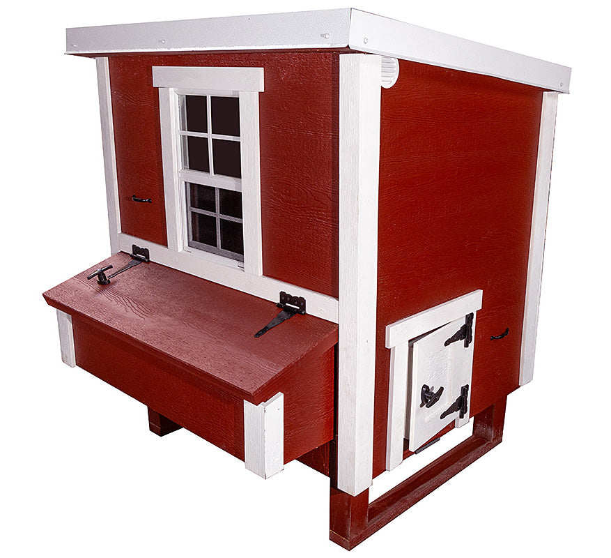 Red medium chicken coop with white trim, side view with external nesting box