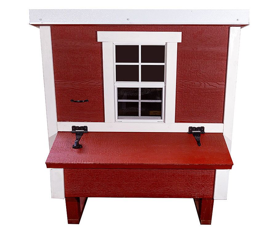 Red medium chicken coop with white trim, front view with nesting boxes