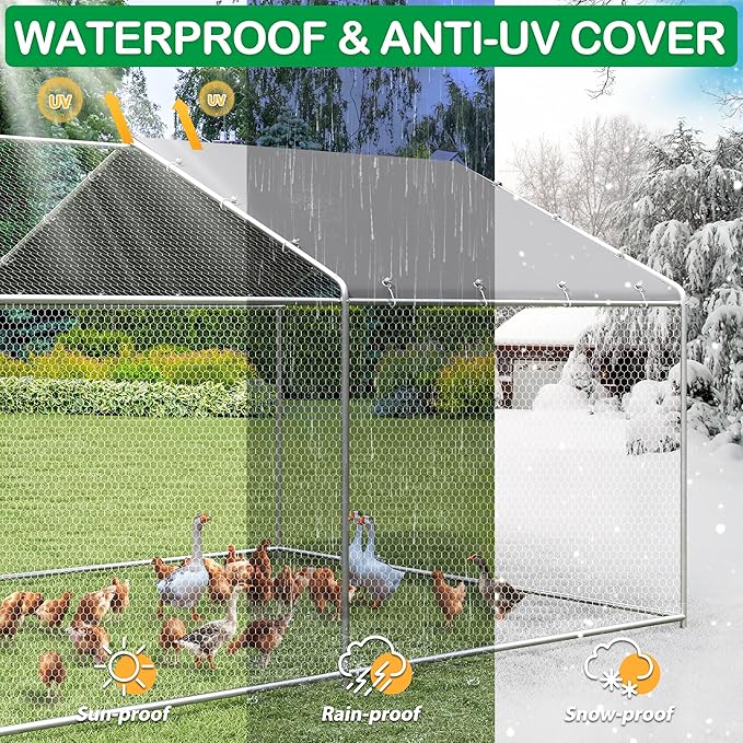 Waterproof anti-UV cover on the walk-in chicken run in sun and snow