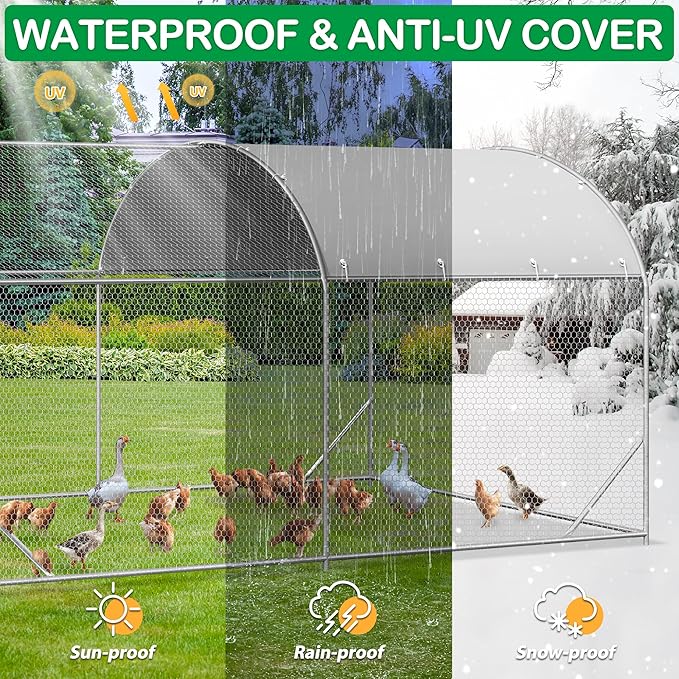 Waterproof anti-UV cover on the dome-roof chicken run in sun and snow